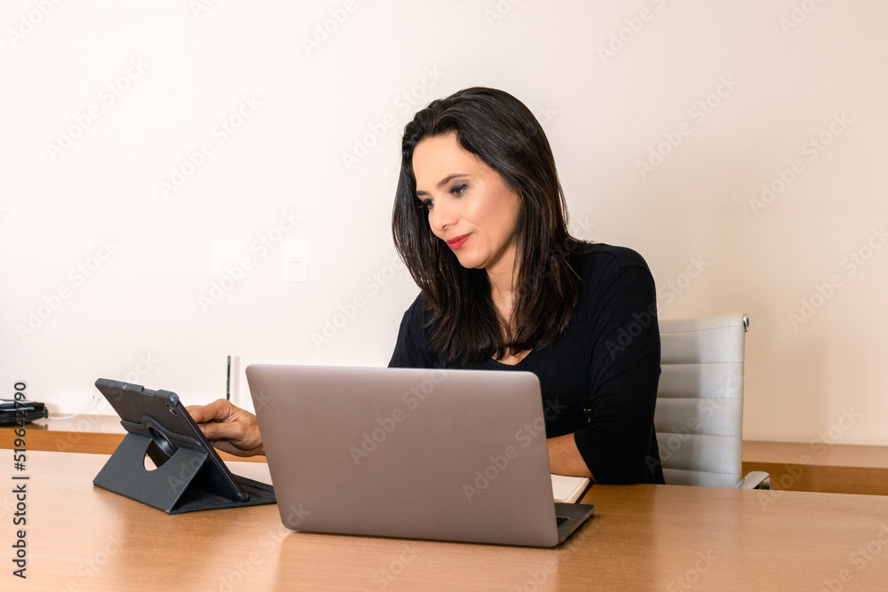 Mulher morena executiva com computador e visual agradável Mulher morena executiva com computador e visual agradável