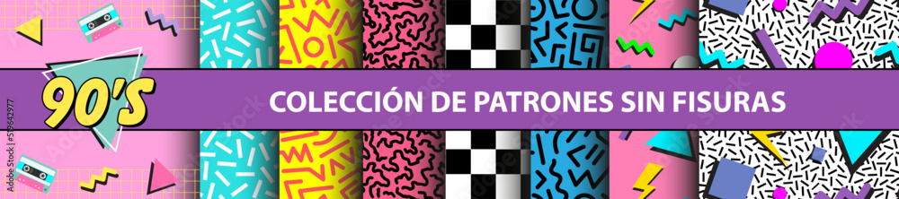 Colección de patrones sin fisuras de los años 90 | Conjunto de gráficos vectoriales vívidos abstractos en estilo retro vintage para prendas de vestir | Volantes. cartel, elementos de pancarta