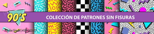 Obraz na płótnie Colección de patrones sin fisuras de los años 90 | Conjunto de gráficos vectoriales vívidos abstractos en estilo retro vintage para prendas de vestir | Volantes. cartel, elementos de pancarta w salonie