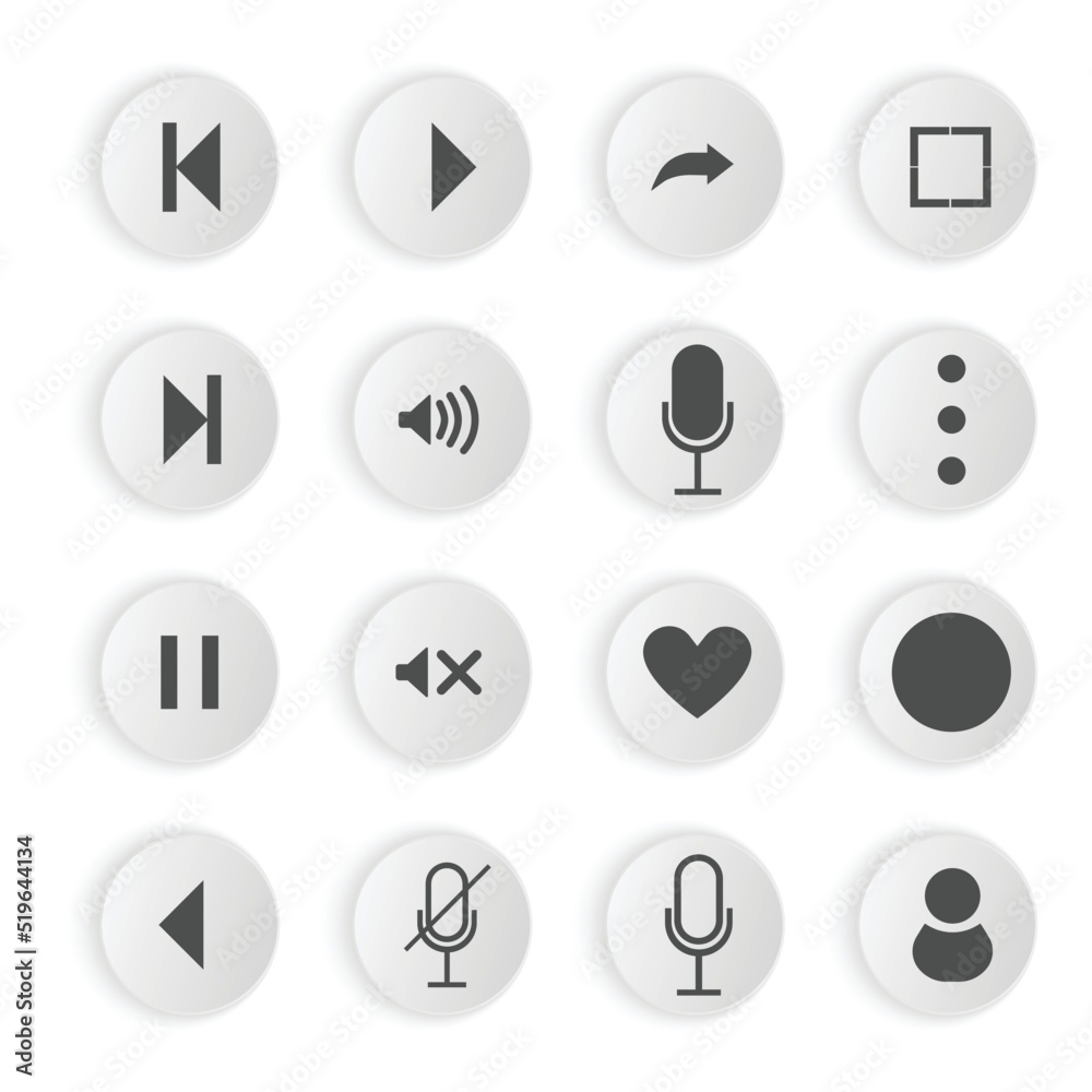Multimedia video player icon set in Neumorphic style