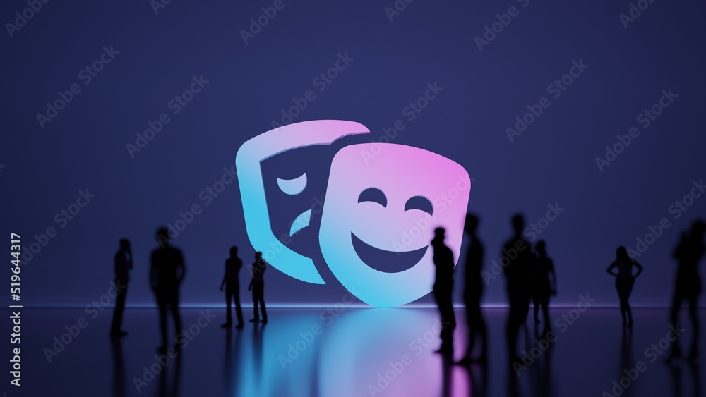 3d rendering people in front of symbol of theater masks on background