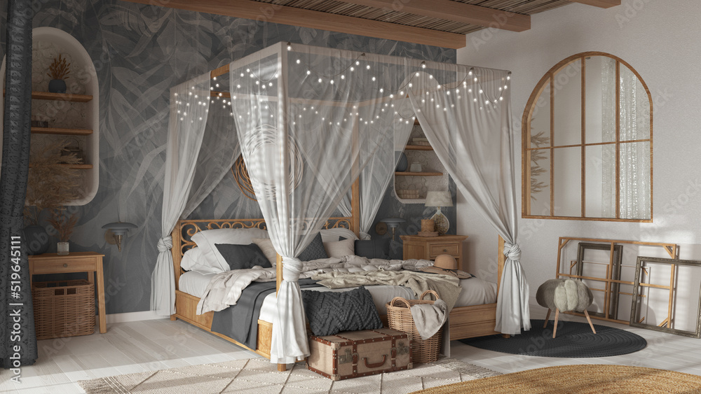 Elegant bedroom with canopy bed in white and gray tones. Parquet, natural wallpaper and cane ceiling. Bohemian rattan and wooden furniture. Boho style interior design Elegant bedroom with canopy bed in white and gray tones. Parquet, natural wallpaper and cane ceiling. Bohemian rattan and wooden furniture. Boho style interior design