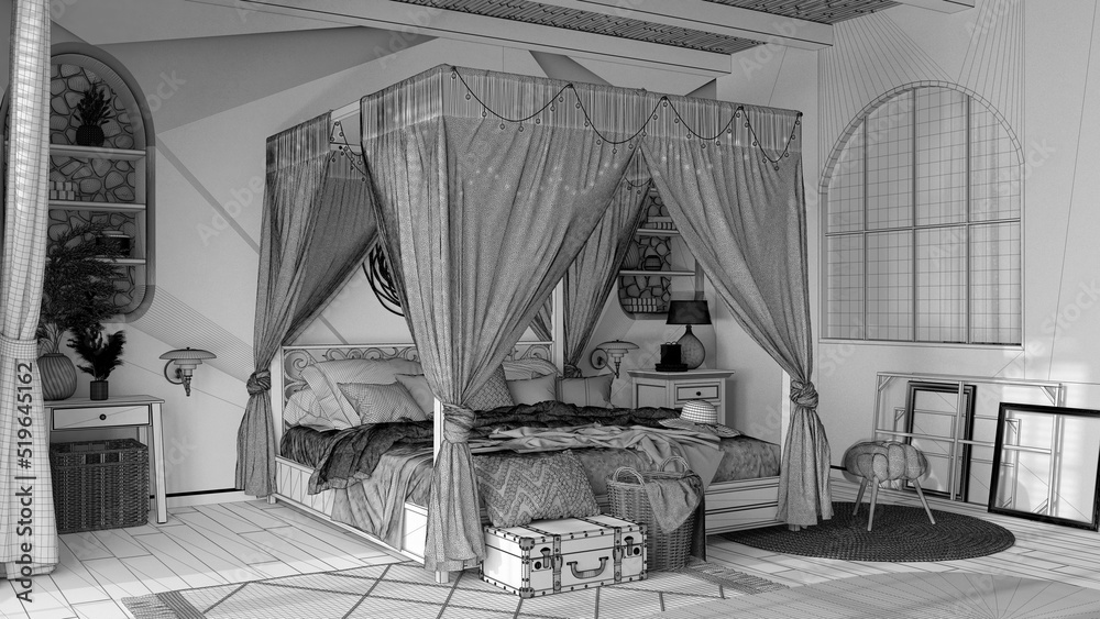 Blueprint unfinished project draft, elegant bedroom with canopy bed. Parquet, natural wallpaper and cane ceiling. Bohemian bleached wooden furniture. Boho style interior design
