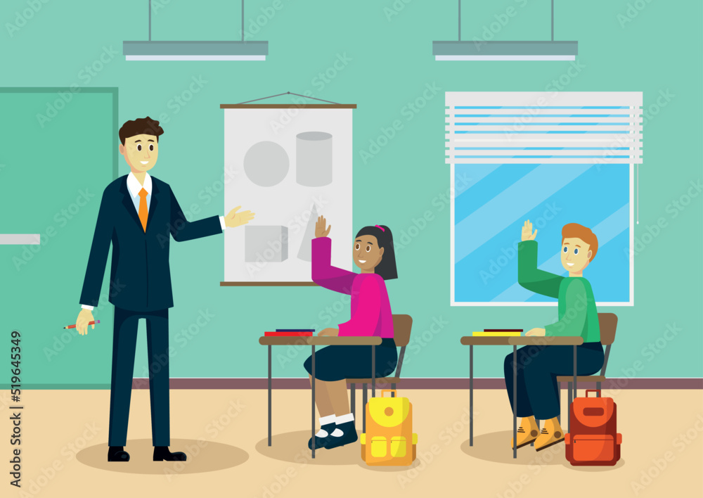 The teacher teaches schoolchildren in the classroom. The teacher teaches schoolchildren in the classroom.