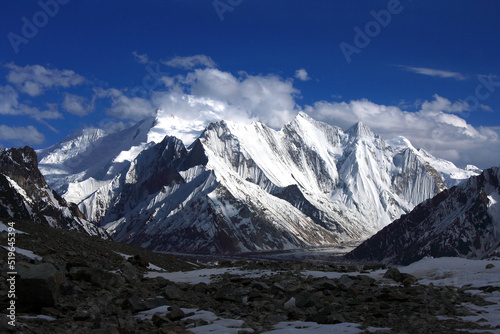 Mitre Peak (6010 m) in Concordia of Karakoram (confluence of Baltoro and Godwin-Austen Glaciers) is seen from the foothills of Broad Peak in the Karakoram mountain range of Gilgit Baltistan, Pakistan.