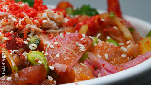 Poke Bowl With Tuna, Edamame Hot Cheetos, Onions and Special Sauce