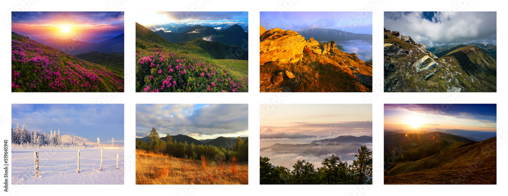 spectacular summer collage, awesome sunset landscape, beautiful nature background in the mountains, Carpathian mountains, Ukraine, Europe