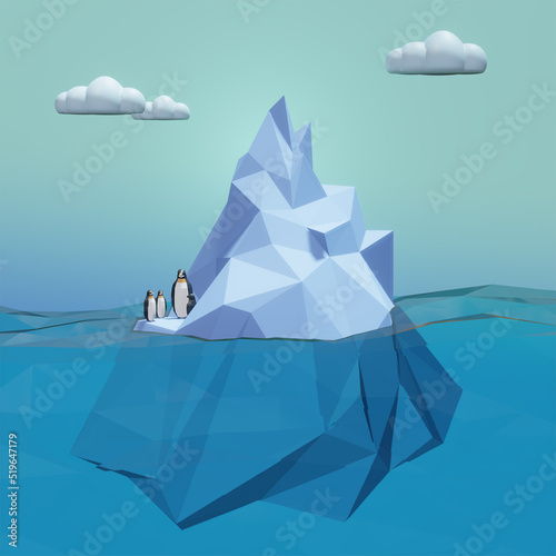 3D illustration of Low poly Iceberg in clear water with big penguin and three baby penguin  small stylized clouds  blue colors