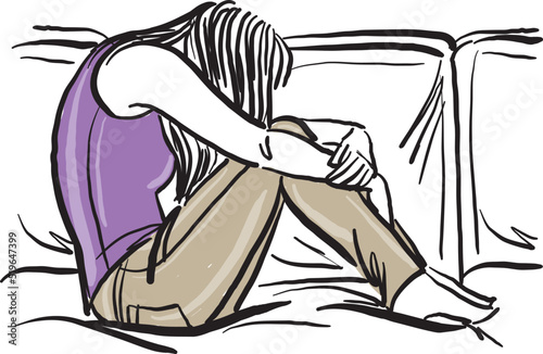 young woman depressed sad lonenly sitting in sofa vector illustration
