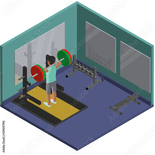 Man ovehead pressing at the gym animation in a 3D isometric