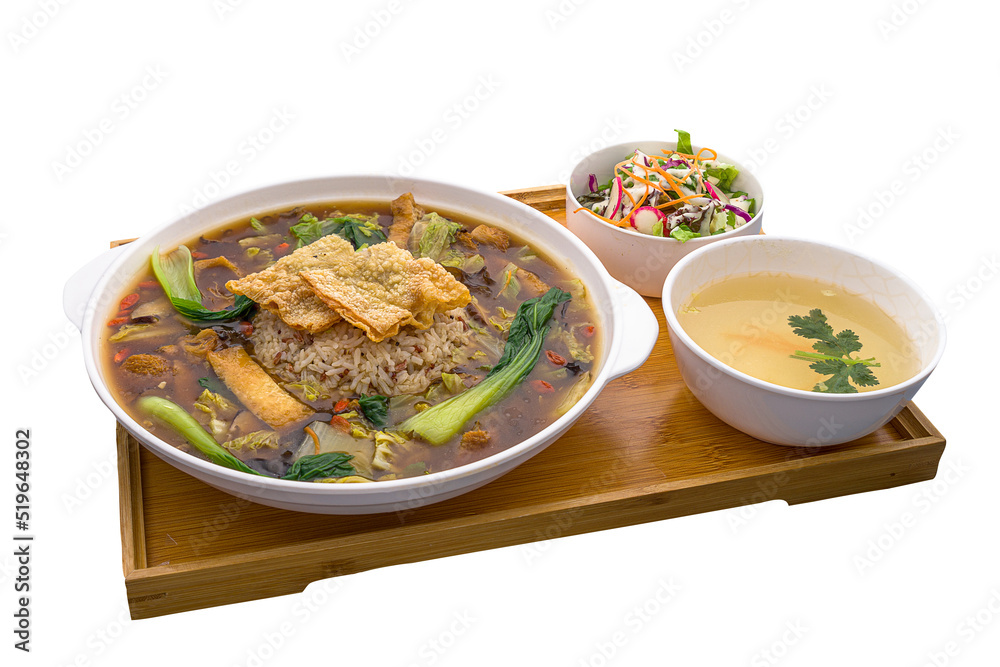 Lion Mane Thick Broth Rice served in a dish isolated on wooden board on plain white background side view Lion Mane Thick Broth Rice served in a dish isolated on wooden board on plain white background side view
