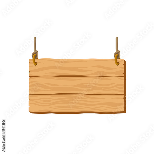 Square wooden signpost on ropes cartoon vector illustration. Isolated wooden sign made of bricks.Tavern sign