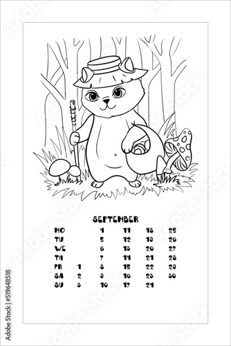 The kitten collects mushrooms. Camping in the woods. Coloring book for children. Vector illustration isolated on white background. Calendar, September.