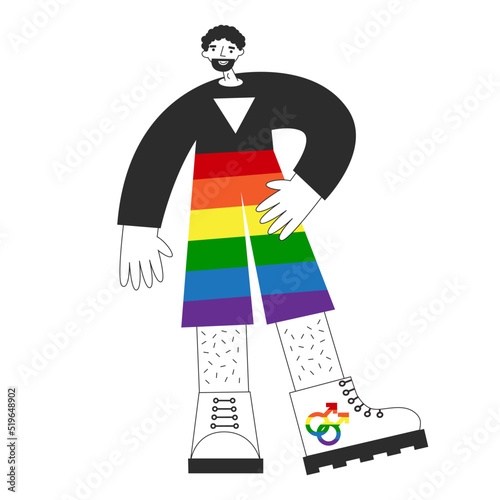 Gay androgynous person standing with rainbow flag, lgbtq symbols. Homosexual queer men visibility, awareness, equality and rights. Pride month isolated flat vector illustration.