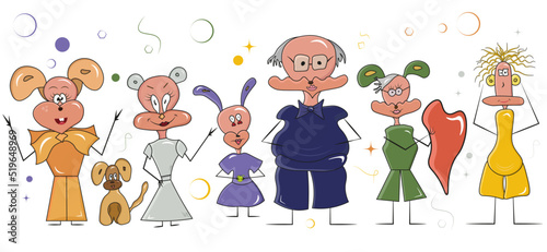doodle family. beautiful and funny dog family in doodle style for childrens book or coloring book on white