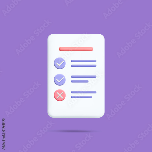 3d vector check list sheet of paper for efficiency work progress icon design. Paper document with tasks and check and cross mark symbol. Project plan, time management, exam blank, medical anamnesis