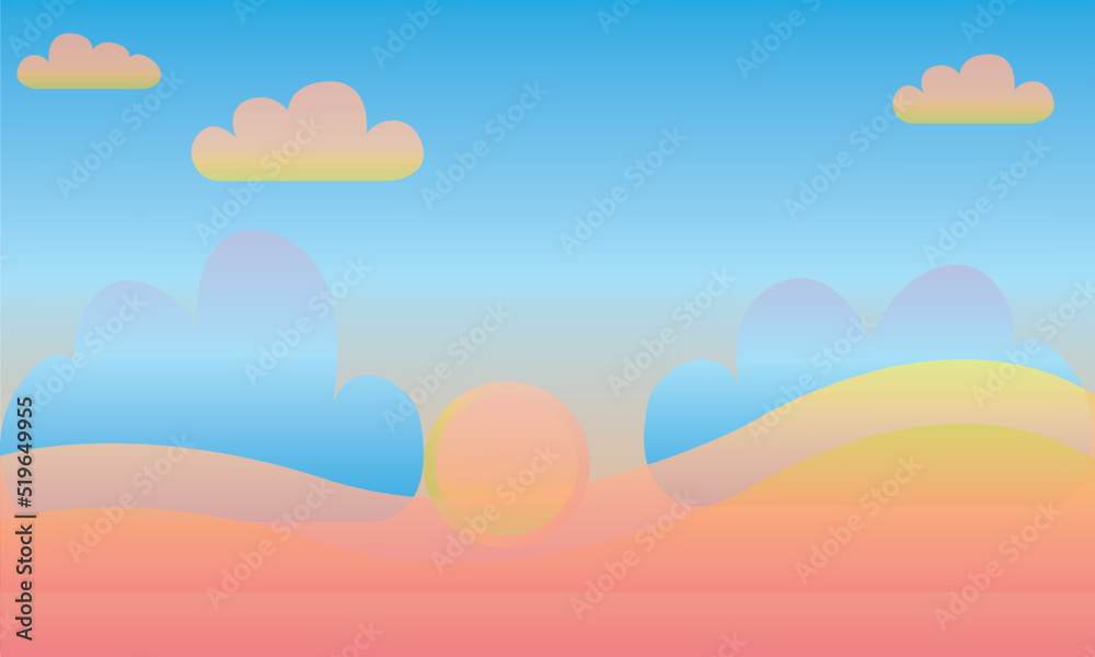 Cartoon landscape, pink sunset, landscape view, bright game background, Vector cartoon illustration of a summer landscape.