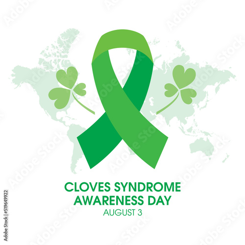 Cloves Syndrome Awareness Day vector. Green awareness ribbon and world map icon vector isolated on a white background. August 3. Important day