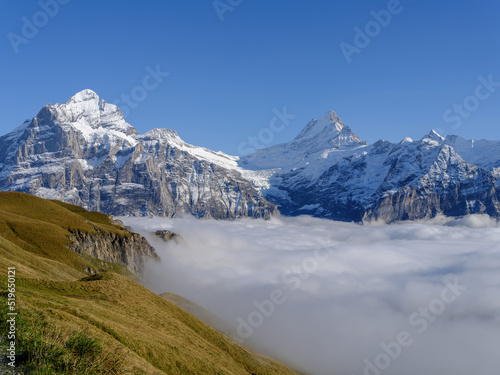 Gorgeous picturesque location, First named mountain station with Cliff Walk and Schreckhorn peak in background, Grindelwald, Bernese Oberland, Switzerland, Europe