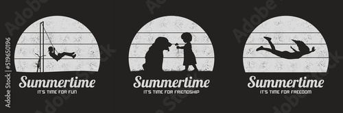 Boy on swing. Flying girl, baby and dog. Summertime. Retro t-shirt set