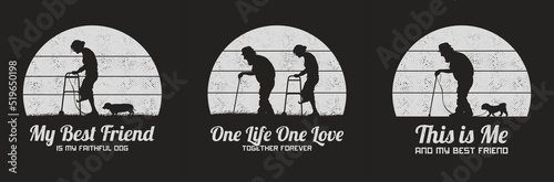 Elderly couple silhouette. Old people and dog. Retro vintage t-shirt