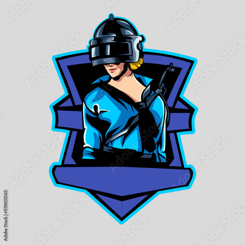 esport logo, female character in battle royale game, vector illustration for squad logo, team logo, esport logo, with blank signboard