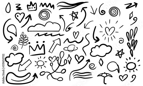 Fototapeta Naklejka Na Ścianę i Meble -  Handdrawn icon draft leaf and arrow or heart. Abstract pencil branch black and doodle collection vector illustration. Cute drawing flora freehand icons and line set. Sketch sticker swoosh element