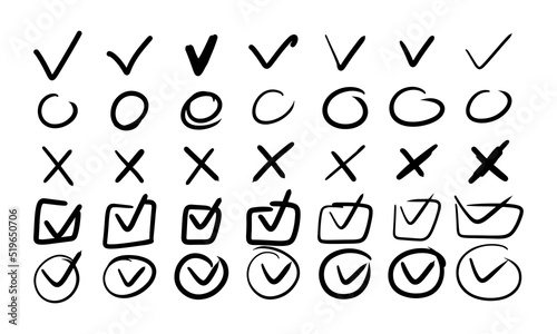 Check mark doodle with checklist and checkbox v. Box list tick and hand drawn sketch brush vector illustration. Handdrawn chalk and handwritten ok stroke. Marker highlight set yes quality and icon