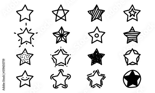 Cartoon hand drawn star and handdrawn night icon set. Doodle set design and element drawing vector illustration. Scribble sign collection and outline isolated white object. Abstract drawing art