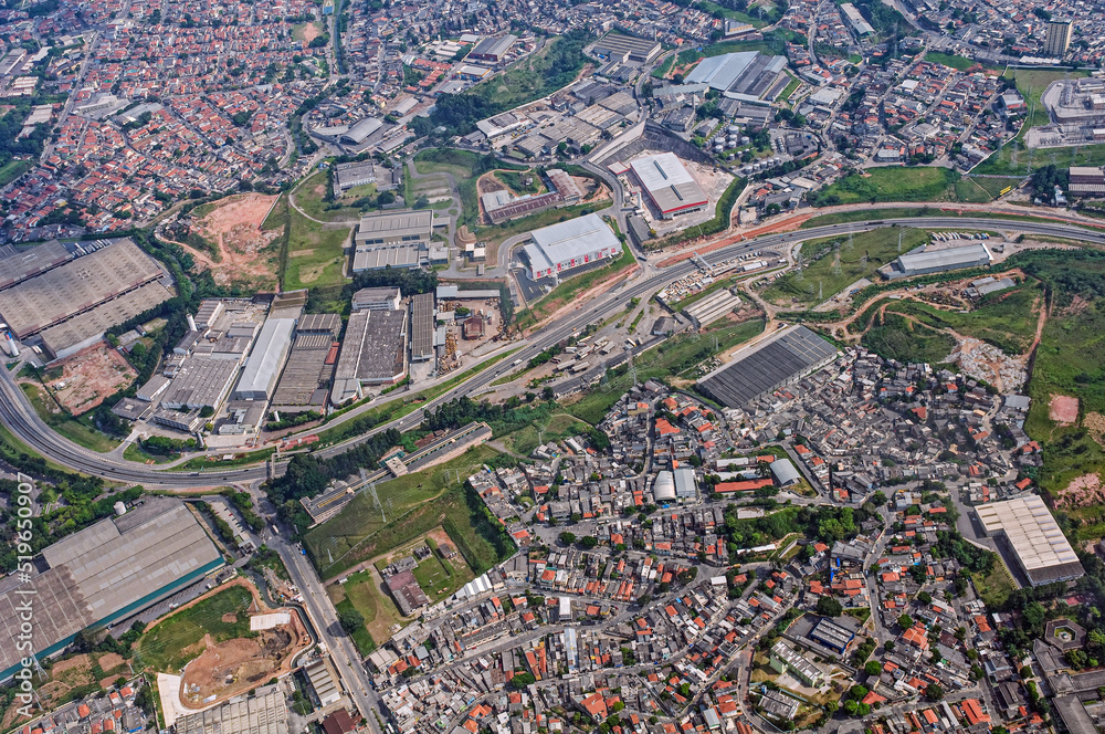 Aerial View near Garulhos Airport arriving in Sao Paulo City. It is an alpha global city and the most populous city in Brazil and world's 12th largest city proper by population. May, 2018