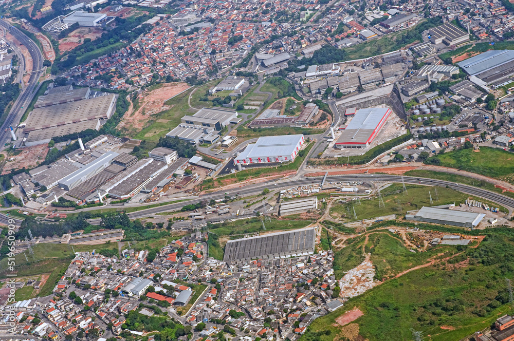 Aerial View near Garulhos Airport arriving in Sao Paulo City. It is an alpha global city and the most populous city in Brazil and world's 12th largest city proper by population. May, 2018