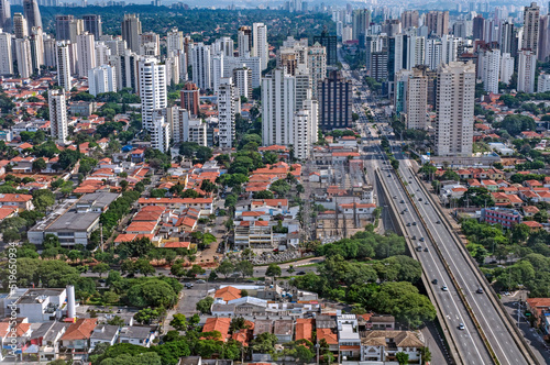Aerial View of the Bandeirantes Avenue in Sao Paulo downtown. It is an alpha global city and the most populous city in Brazil and world's 12th largest city proper by population. May, 2018