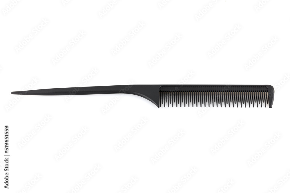 Comb with a tail. Professional hairdressing comb Rat Tail for hair. Comb with a thin and long handle on a white background. Premium hairdressing accessories for haircuts. Comb with a tail. Professional hairdressing comb Rat Tail for hair. Comb with a thin and long handle on a white background. Premium hairdressing accessories for haircuts.