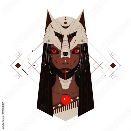 Cyberpunk girl with wolf headdress or mask on her head. Black African or Native American robot woman. Cyber style design vector illustration with ethnic, tribal elements.