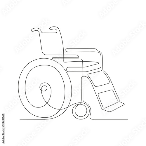 Wheelchair for disabled outline, continuous one art line drawing. Single hand drawn, doodle. Chair for disability transportation. Vector illustration