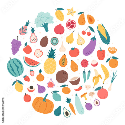 Vegetables, fruits, berries and mushrooms collection. Natural organic nutrition. Healthy food, dietetics products, fresh vitamin grocery products. Vector illustration in flat style