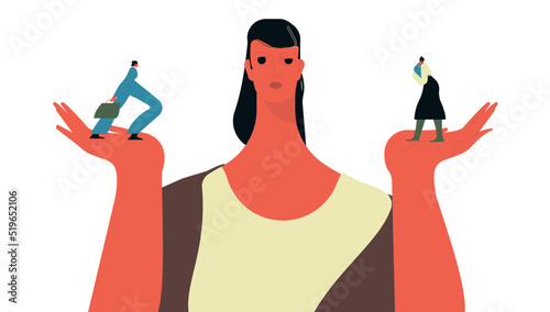 A woman chooses between family or parental responsibilities and career or professional success. Difficult choice, life dilemma, finding balance, decision making. Flat cartoon vector illustration.