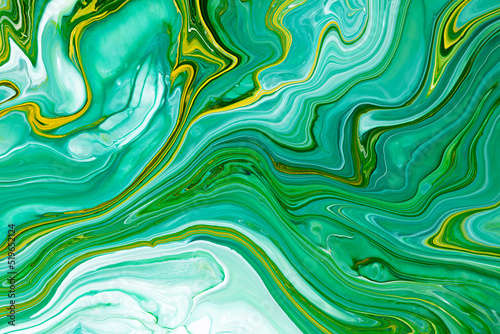 Fluid art texture. Abstract background with iridescent paint effect. Liquid acrylic picture with chaotic mixed paints. Can be used for posters or wallpapers. Green  blue and white overflowing colors.