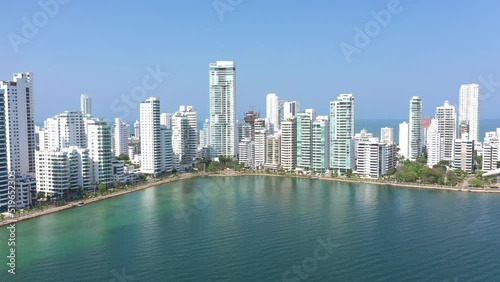 Aerial view of modern high rise buildings in the Bocagrande neighbourhood in Cartagena de Indias, Caribbean Coast Region, Colombia. Bolivar, Colombia Skyline  photo