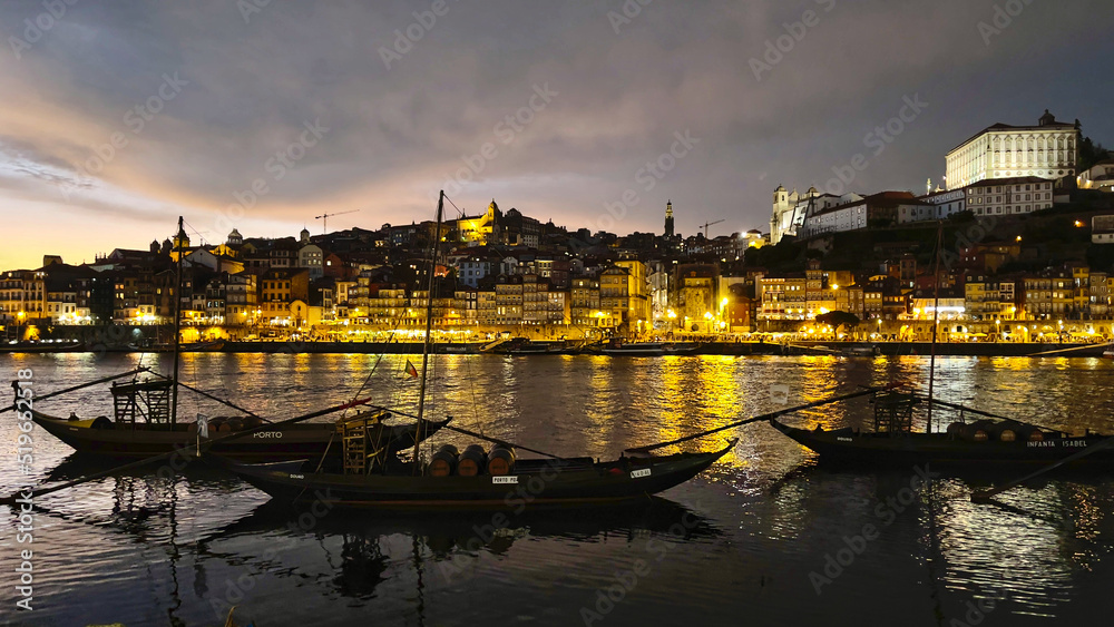 Panoramic view of sunset from top of Ponte d.luis bridge over the river during the sunset in Porto,Portugal
