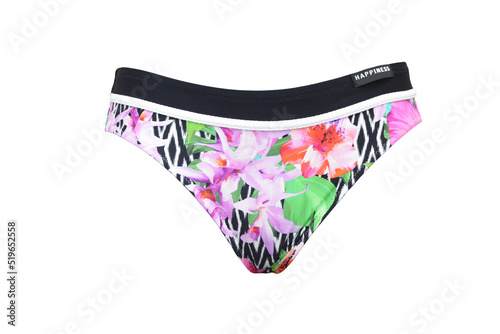 Multi-colored panties with a black stripe from a women's swimsuit isolated on a white background. Foreground.