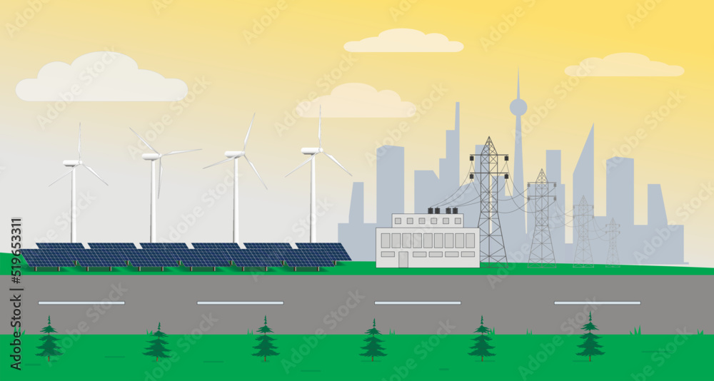Alternative energy sources. Wind generator, solar panels on the background of a big city. Ecological concept.
