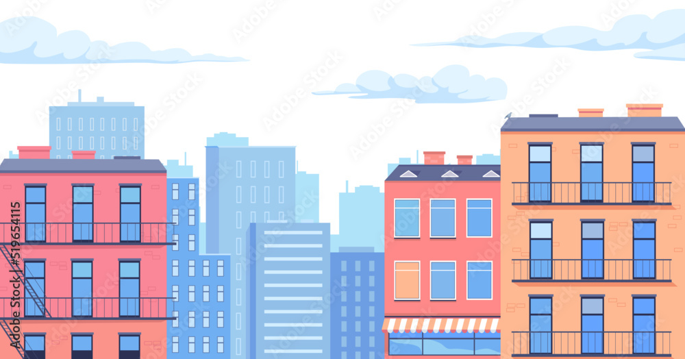 Colorful buildings in the city. Cityscape vector flat design illustration