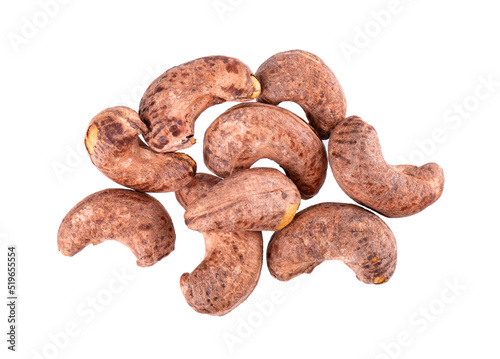 Cashew nuts in shell isolated on white background. Roasted and salted cashew nuts. Top view.