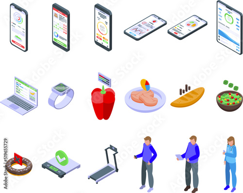 Diet app icons set isometric vector. Fat plan. Abdomen body