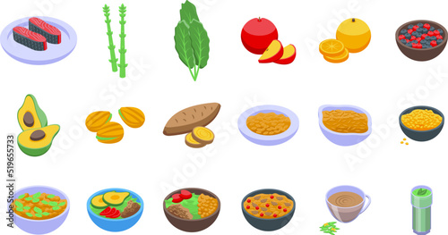 Ayurvedic diet icons set isometric vector. Food eating. Holistic cooking