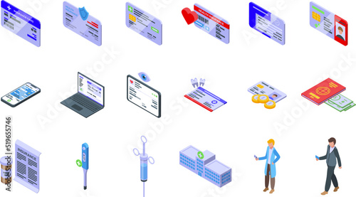 Insurance card icons set isometric vector. Hospital health. Family medical