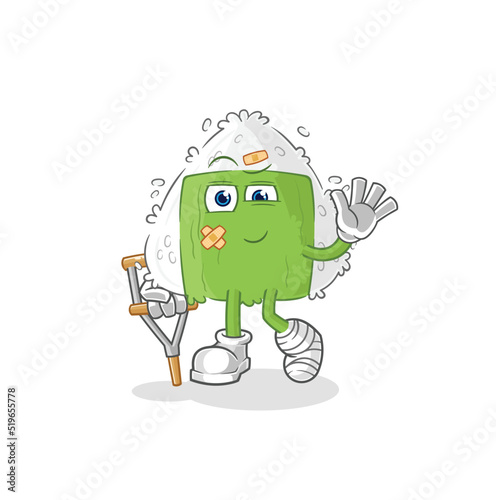 onigiri sick with limping stick. cartoon mascot vector