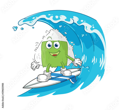 onigiri surfing character. cartoon mascot vector