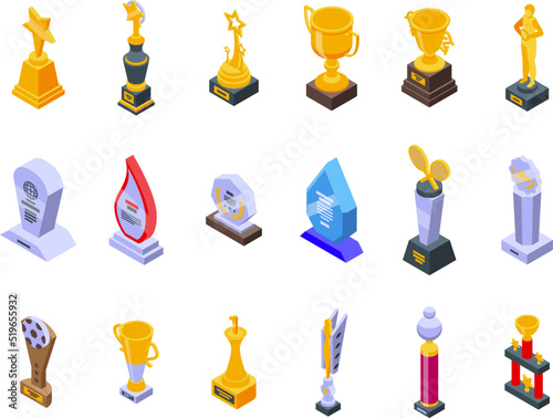 Award trophy icons set isometric vector. Goblet cup. Winner award
